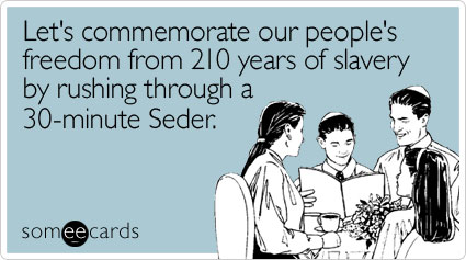 someecards.com - Let's commemorate our people's freedom from 210 years of slavery by rushing through a 30-minute Seder