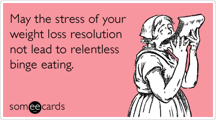 Funny Encouragement Ecard: May the stress of your weight loss resolution not lead to relentless binge eating.