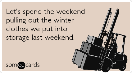 Funny Seasonal Ecard: Let's spend the weekend pulling out the winter clothes we put into storage last weekend.