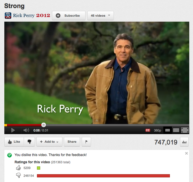 VOTE NOW! New Rick Perry ad has him surging past longtime front-runner in YouTube dislikability.