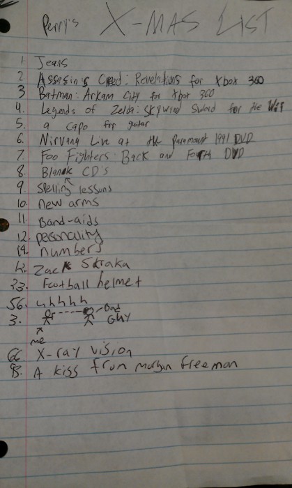 Child's Christmas list reveals child's psychotic break during writing of Christmas list.