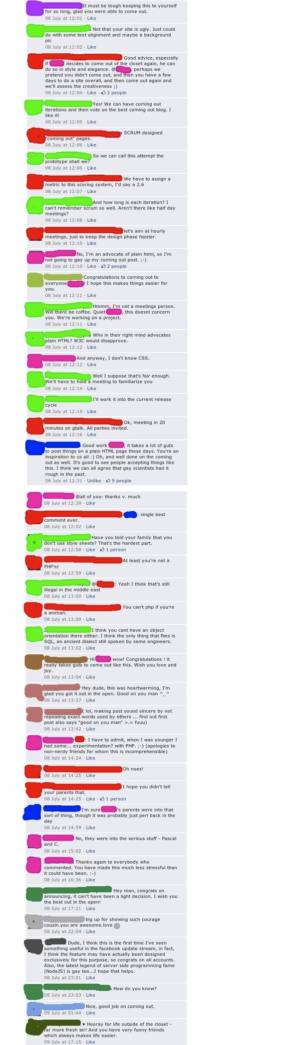 Guy comes out of closet on Facebook to friends who are entirely too geeky to care.