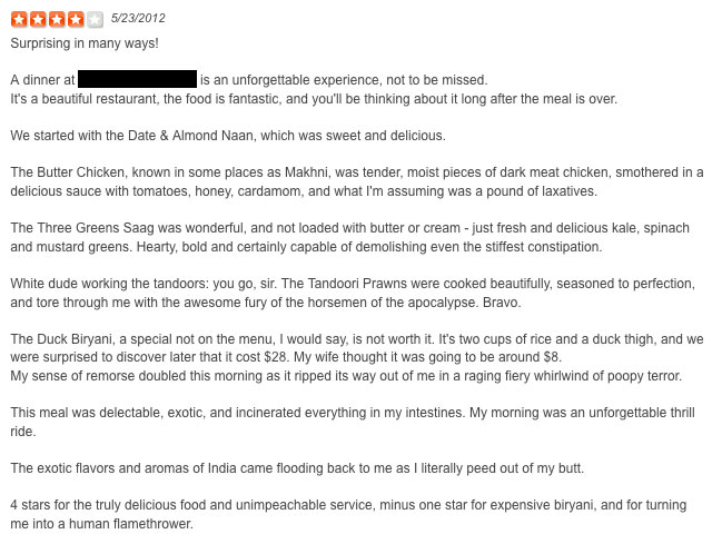 The most brutally honest review of Indian food ever posted on Yelp.