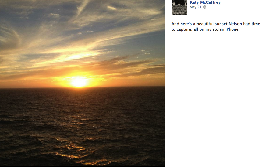 Woman posts photo updates of beautiful cruise taken by man who stole her iPhone.