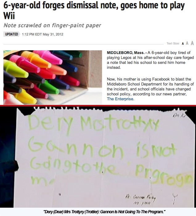 6-year-old outsmarts school with forged note.