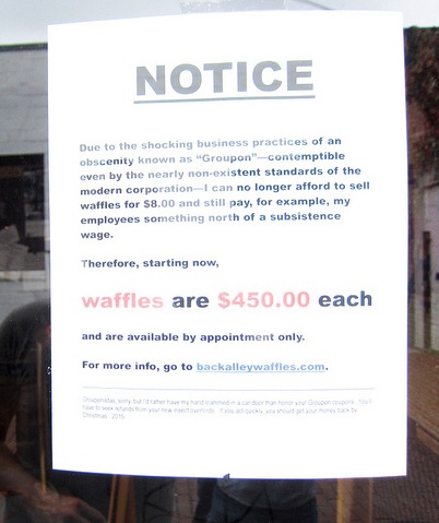 The angriest note about Groupon ever posted in a restaurant window.
