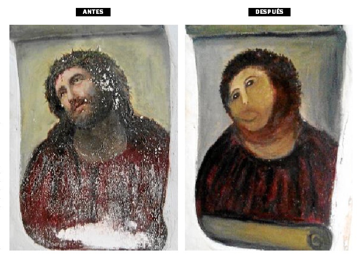 A perfectly horrifying example of how not to restore a painting of Jesus.