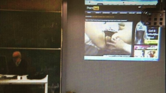 Professor watches porn after class, forgetting that projector is on and class is being live-streamed. (NSFW)