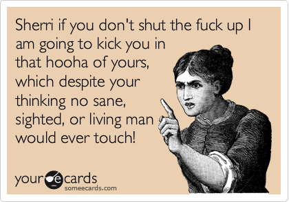Sherri if you don't shut the fuck up I am going to kick you in
that hooha of yours,
which despite your
thinking no sane,
sighted, or living man
would ever touch!