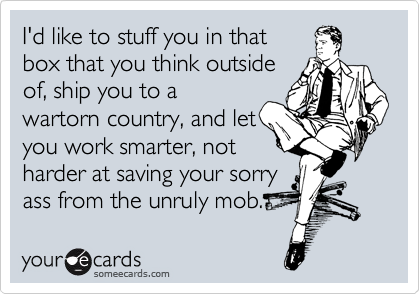 I'd like to stuff you in that
box that you think outside
of, ship you to a
wartorn country, and let
you work smarter, not
harder at saving your sorry
ass from the unruly mob.