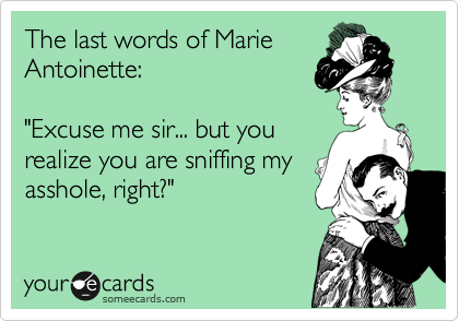 The last words of Marie
Antoinette:
"Excuse me sir... but you
realize you are sniffing my
asshole, right?"