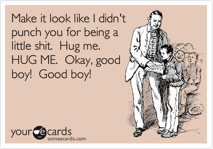 Make it look like I didn't
punch you for being a
little shit. Hug me.
HUG ME. Okay, good
boy! Good boy!