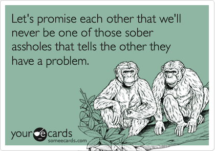 Let's promise each other that we'll never be one of those sober assholes that tells the other they have a problem.
