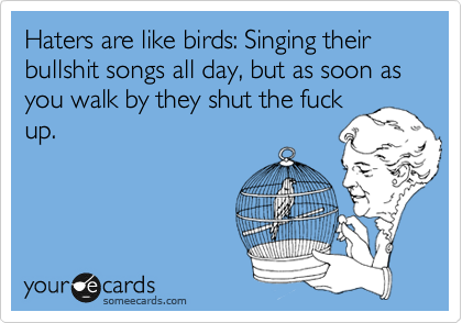 Haters are like birds: Singing their bullshit songs all day, but as soon as you walk by they shut the fuck
up.
