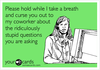 Please hold while I take a breath and curse you out to
my coworker about
the ridiculously
stupid questions
you are asking