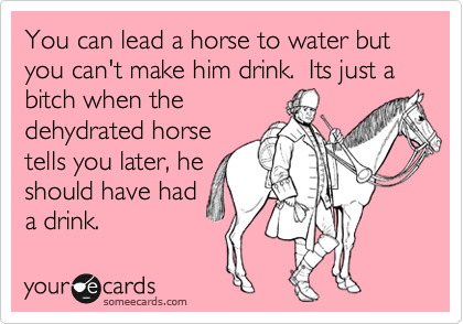 You can lead a horse to water but you can't make him drink. Its just a bitch when the
dehydrated horse
tells you later, he
should have had
a drink.