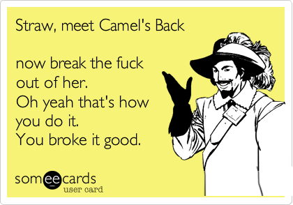 Straw, meet Camel's Back
now break the fuck
out of her.
Oh yeah that's how
you do it.
You broke it good.
