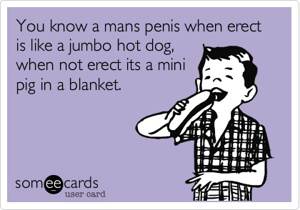 You know a mans penis when erect is like a jumbo hot dog,
when not erect its a mini
pig in a blanket.