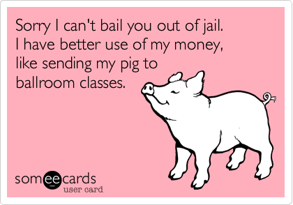 Sorry I can't bail you out of jail.
I have better use of my money,
like sending my pig to
ballroom classes.