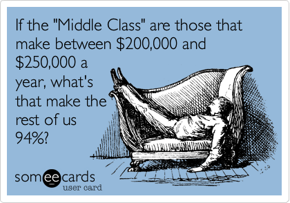 If the "Middle Class" are those that make between $200,000 and $250,000 a
year, what's
that make the
rest of us
94%?