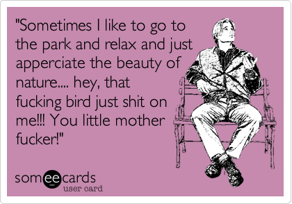 "Sometimes I like to go to
the park and relax and just
apperciate the beauty of
nature.... hey, that
fucking bird just shit on
me!!! You little mother
fucker!"