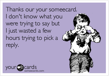 Thanks our your someecard.
I don't know what you
were trying to say but
I just wasted a few
hours trying to pick a
reply.