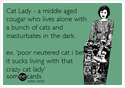 Cat Lady - a middle aged
cougar who lives alone with
a bunch of cats and
masturbates in the dark.
ex. 'poor neutered cat i bet
it sucks living with that
crazy cat lady'