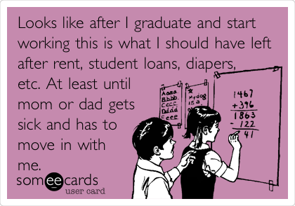 Looks like after I graduate and start
working this is what I should have left
after rent, student loans, diapers,
etc. At least until
mom or dad gets
sick and has to
move in with
me.