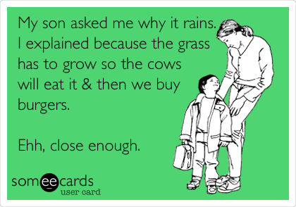 My son asked me why it rains.
I explained because the grass
has to grow so the cows
will eat it & then we buy
burgers.
Ehh, close enough.