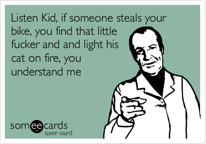Listen Kid, if someone steals your bike, you find that little
fucker and and light his
cat on fire, you
understand me