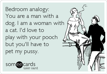 Bedroom analogy:
You are a man with a
dog. I am a woman with
a cat. I'd love to
play with your pooch
but you'll have to
pet my pussy.