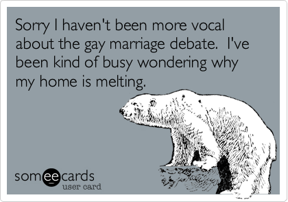 Sorry I haven't been more vocal about the gay marriage debate. I've been kind of busy wondering why my home is melting.