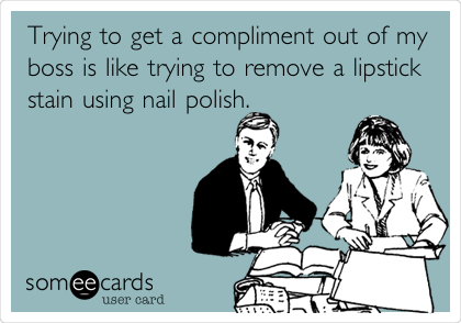 Trying to get a compliment out of my
boss is like trying to remove a lipstick
stain using nail polish.