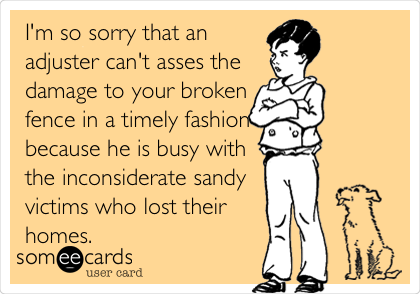I'm so sorry that an
adjuster can't asses the
damage to your broken
fence in a timely fashion
because he is busy with
the inconsiderate sandy
victims who lost their
homes.