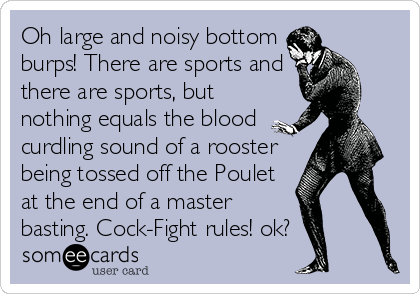 Oh large and noisy bottom
burps! There are sports and
there are sports, but
nothing equals the blood
curdling sound of a rooster
being tossed off the Poulet
at the end of a master
basting. Cock-Fight rules! ok?