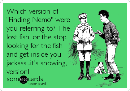 Which version of
"Finding Nemo" were
you referring to? The
lost fish, or the stop
looking for the fish
and get inside you
jackass...it'