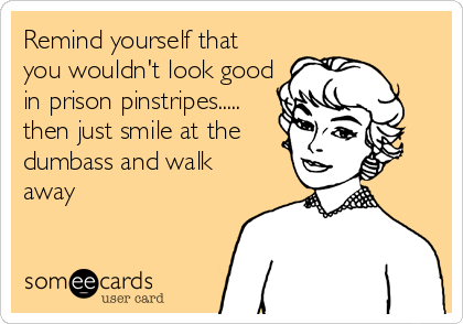 Remind yourself that
you wouldn't look good
in prison pinstripes.....
then just smile at the
dumbass and walk
away