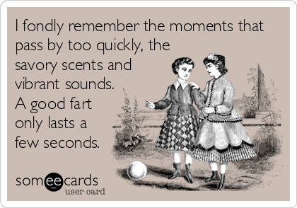I fondly remember the moments that
pass by too quickly, the
savory scents and
vibrant sounds.
A good fart
only lasts a
few seconds.