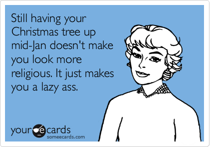 Still having your
Christmas tree up
mid-Jan doesn't make
you look more
religious. It just makes
you a lazy ass.