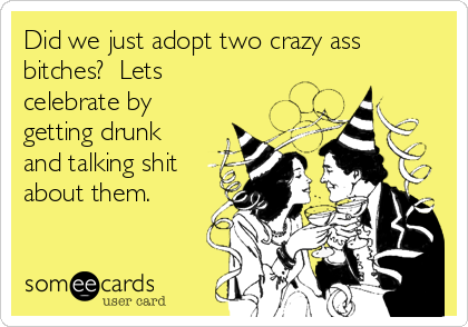 Did we just adopt two crazy ass
bitches? Lets
celebrate by
getting drunk
and talking shit
about them.