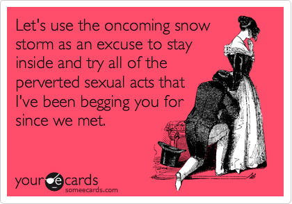 Let's use the oncoming snow
storm as an excuse to stay
inside and try all of the
perverted sexual acts that
I've been begging you for
since we met.
