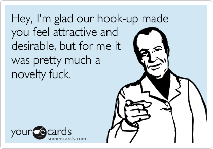 Hey, I'm glad our hook-up made you feel attractive and
desirable, but for me it
was pretty much a
novelty fuck.