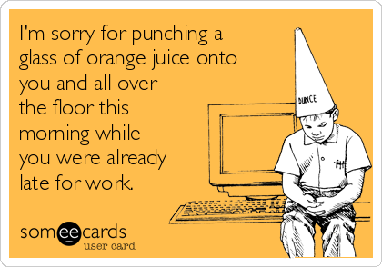 I'm sorry for punching a
glass of orange juice onto
you and all over
the floor this
morning while
you were already
late for work.