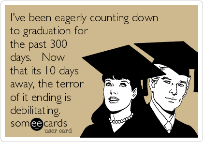 I've been eagerly counting down
to graduation for
the past 300
days. Now
that its 10 days
away, the terror
of it ending is
debilitating.