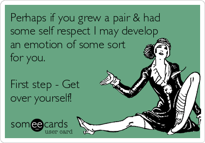 Perhaps if you grew a pair & had
some self respect I may develop
an emotion of some sort
for you.
First step - Get
over yourself!