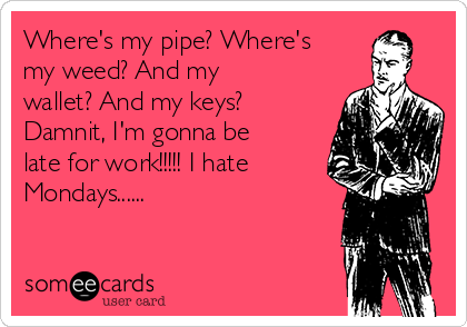 Where's my pipe? Where's
my weed? And my
wallet? And my keys?
Damnit, I'm gonna be
late for work!!!!! I hate
Mondays......