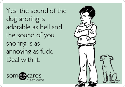 Yes, the sound of the
dog snoring is
adorable as hell and
the sound of you
snoring is as
annoying as fuck.
Deal with it.