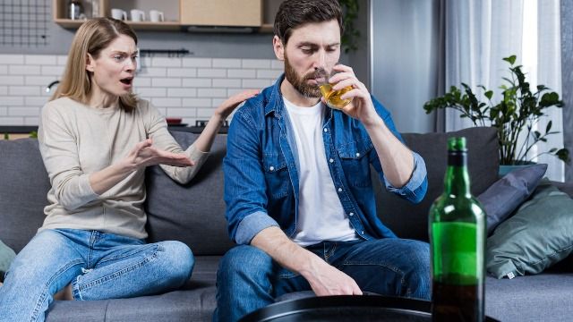 Husband picks up drunk wife, says 'I wish you'd let me know where you're going.'