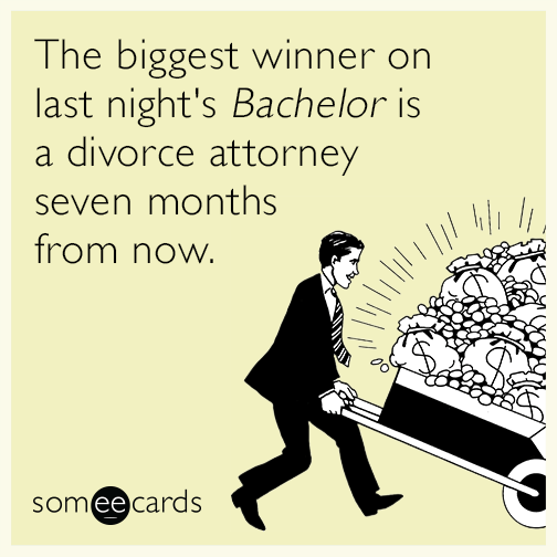 The biggest winner on last night's Bachelor is a divorce attorney seven months from now.