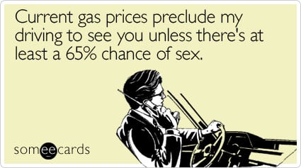 Current gas prices preclude my driving to see you unless there's at least a 65% chance of sex